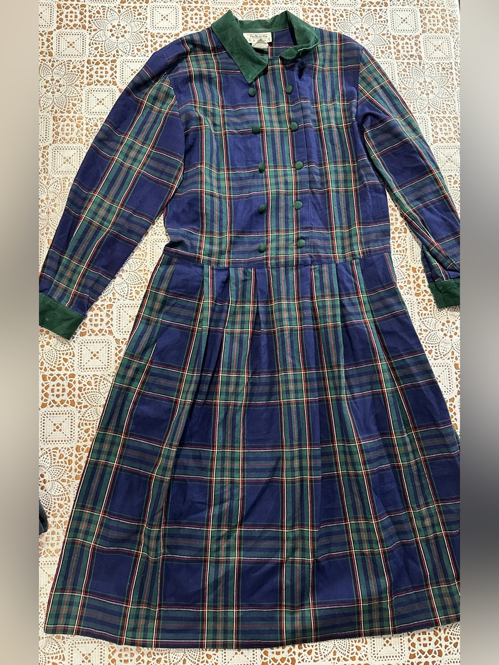 Vintage Talbots Plaid Midi Dress Corduroy Collar Cotton 10P Made Hong Kong